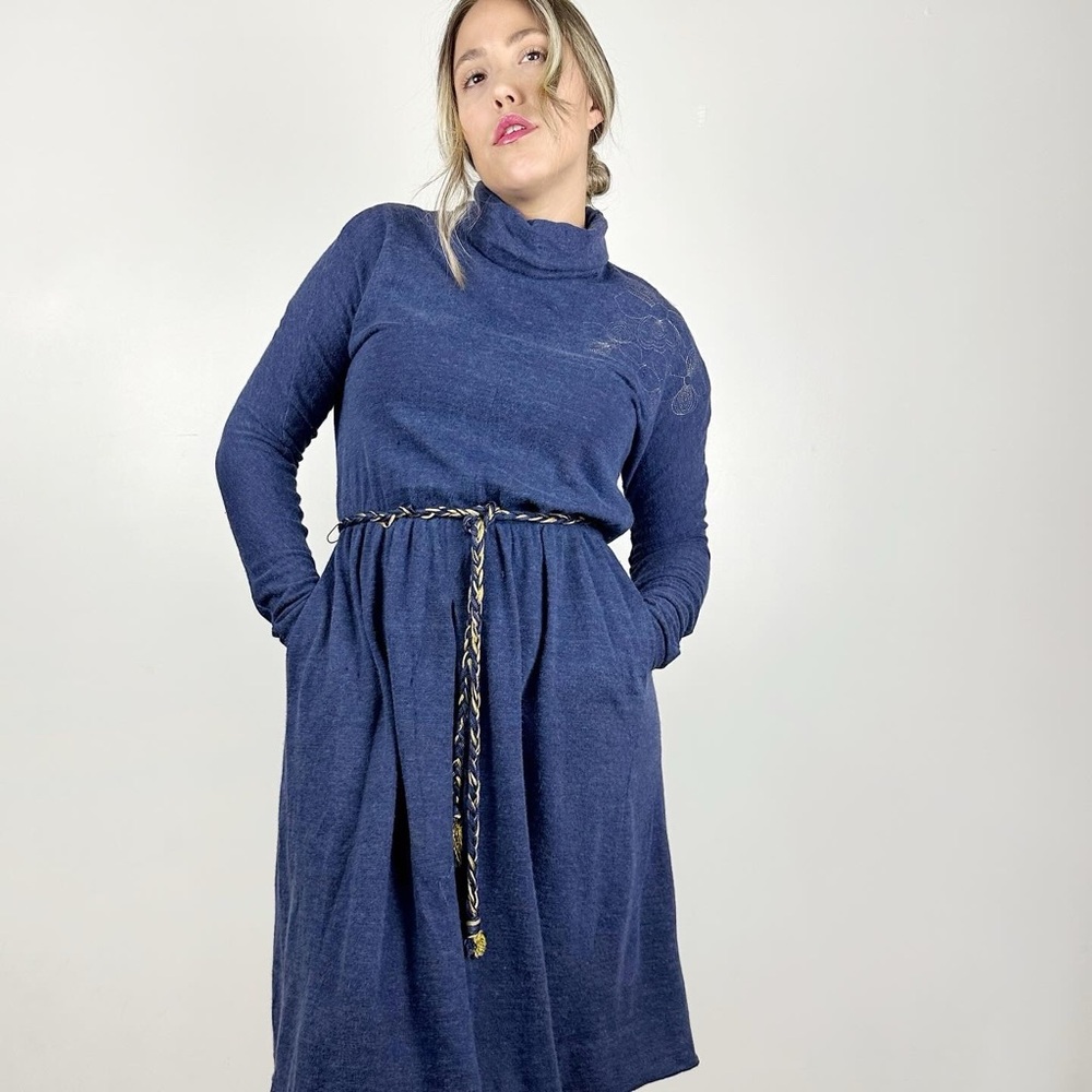 80s Vintage Louis Feraud Blue Turtleneck A-Line Sweater Dress Medium